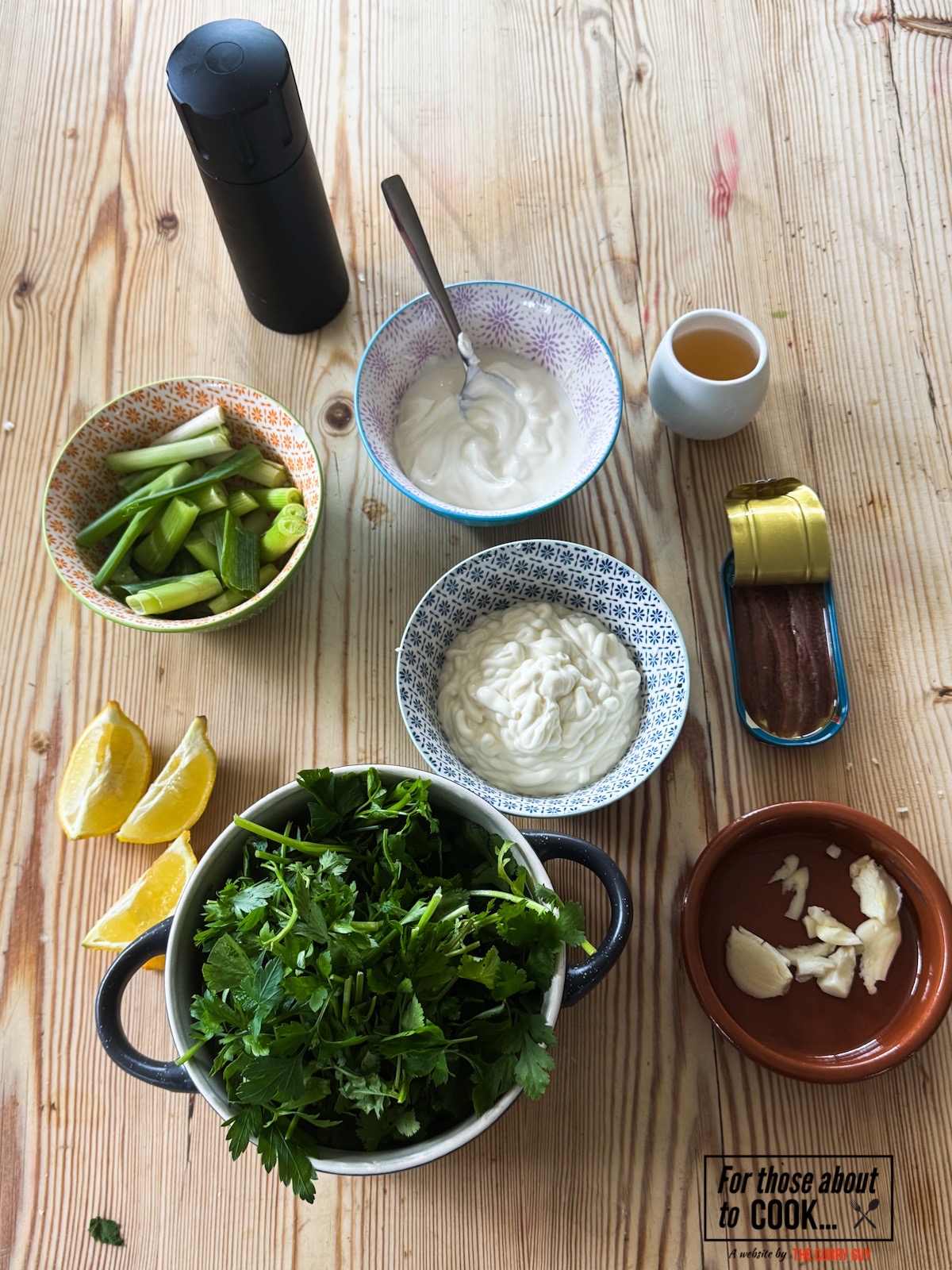 Ingredients for the dressing laid out on a counter top.