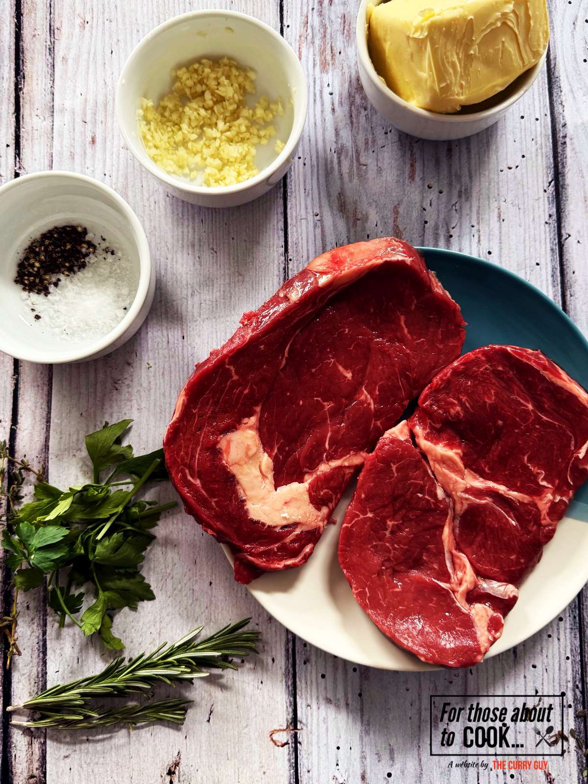 Ingredients for Ribeye steak separated into bowls
