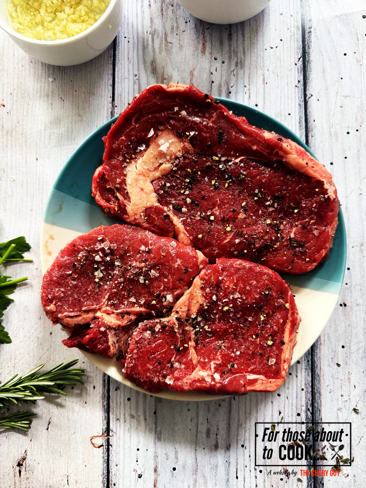 Salt and peppered ribeye steaks