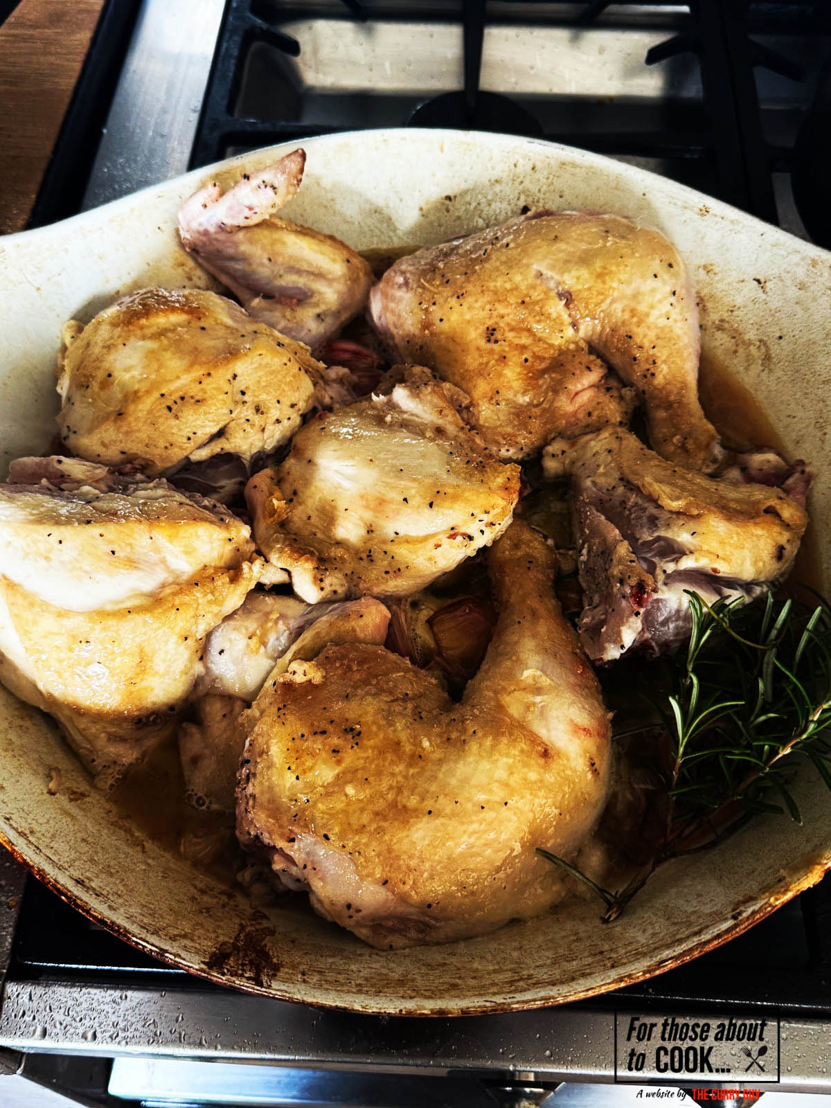 Adding the chicken back to the pan.