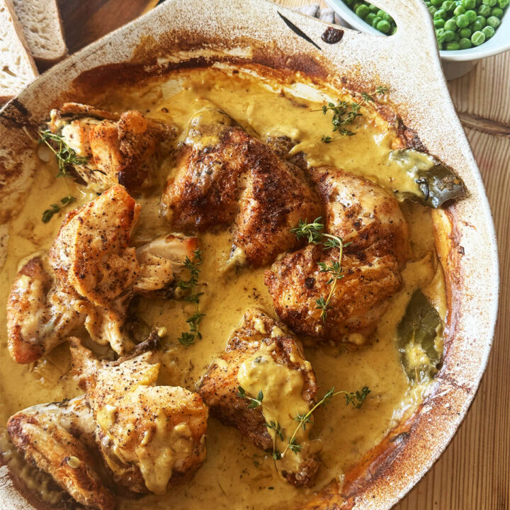 40 clove garlic chicken in the bowl it was cooked in.