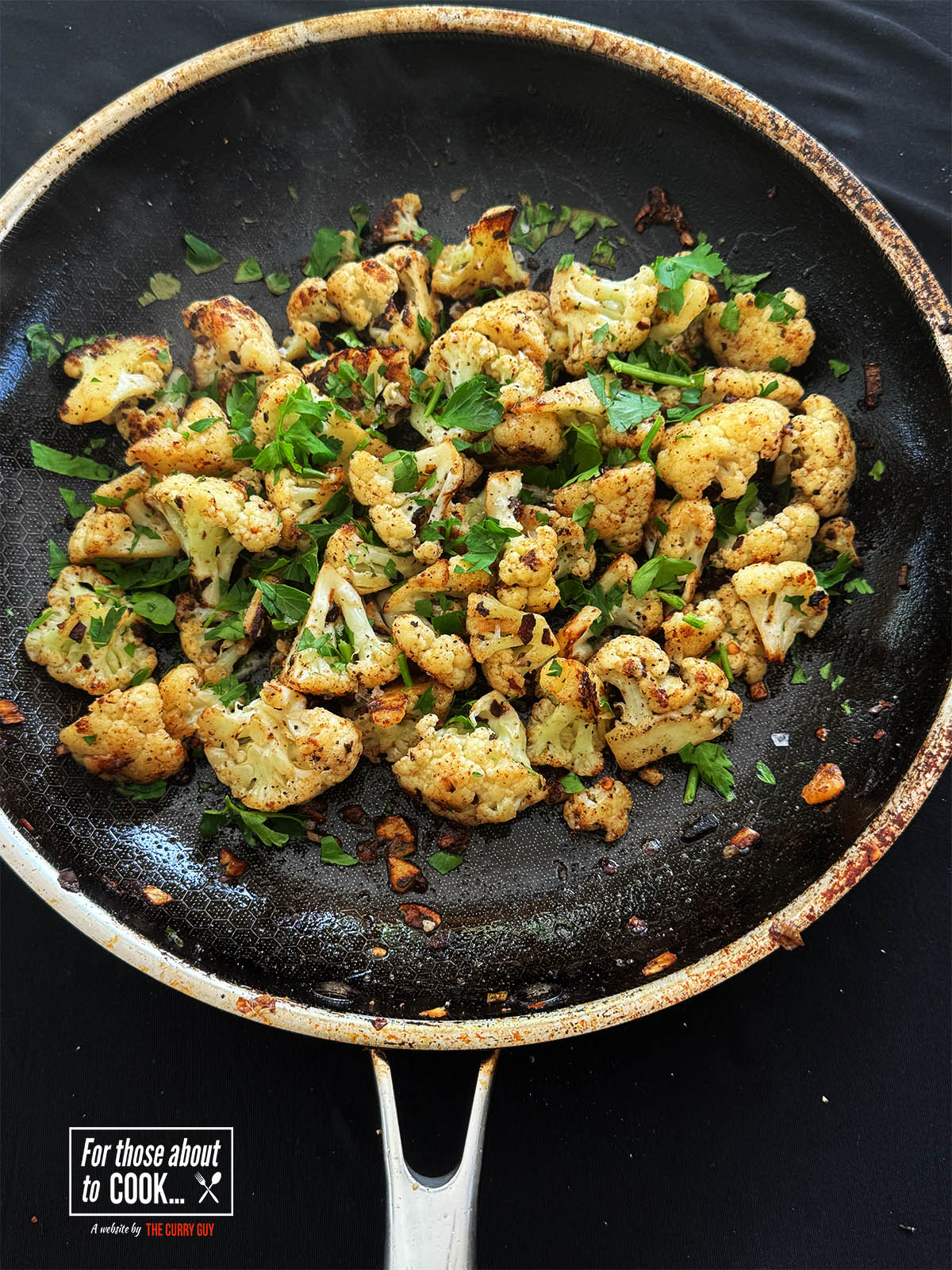 The finished Italian fried cauliflower with anchovies and garlic.