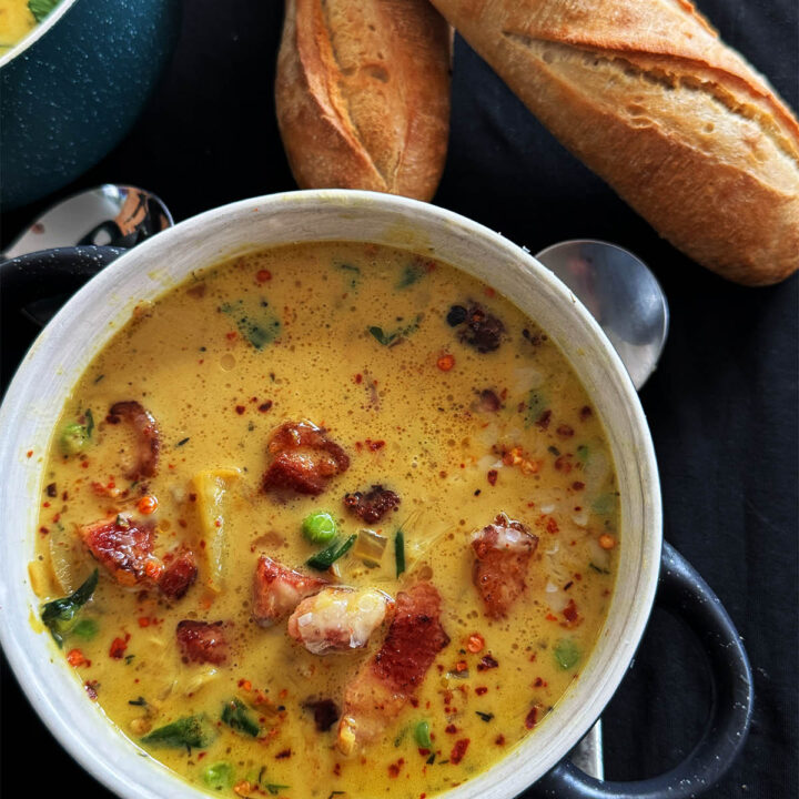 Garlic soup in a serving bowl.