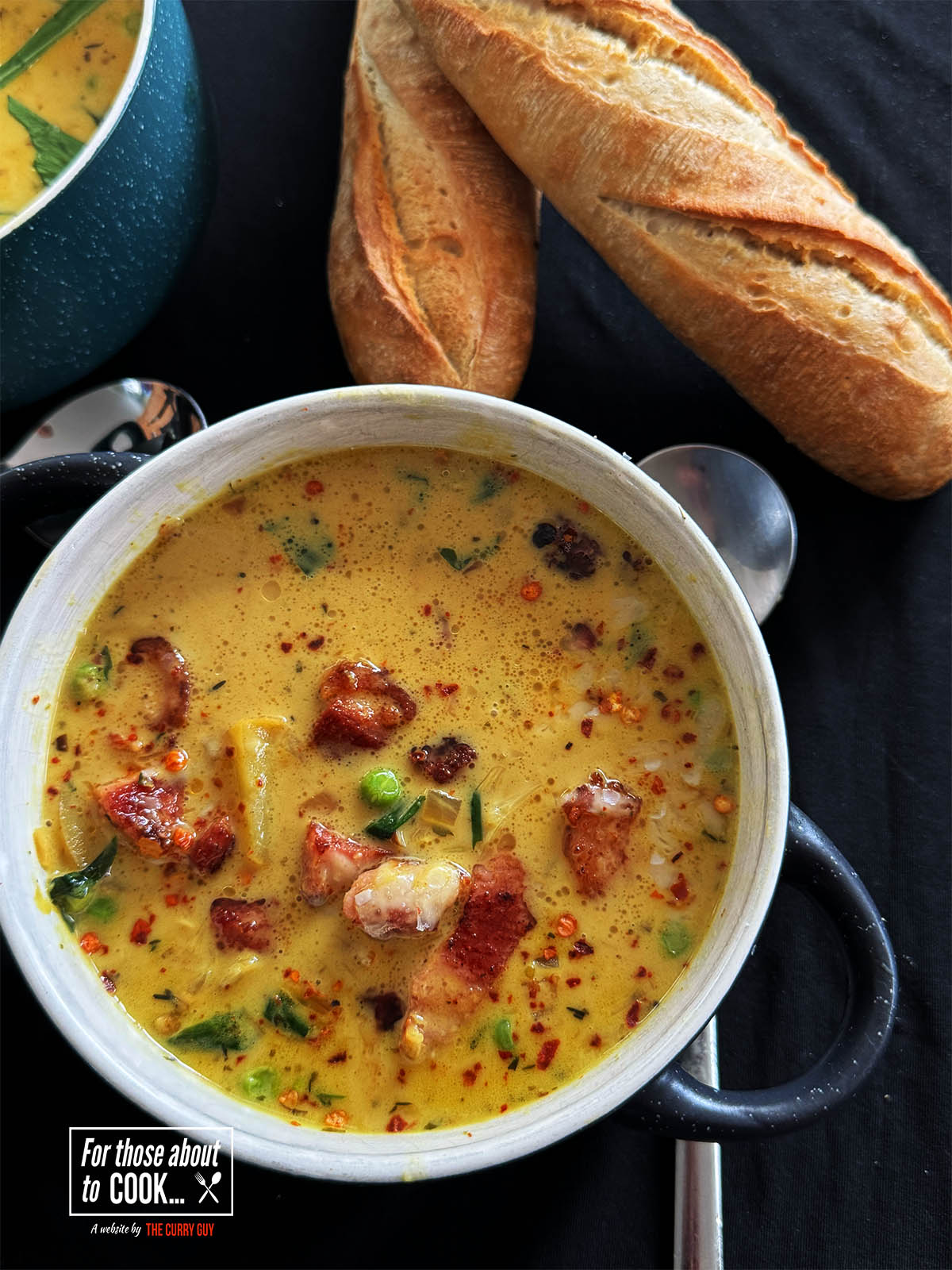 Garlic soup in a serving bowl.