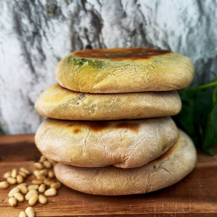 Finished pesto and mozzarella stuffed flatbreads