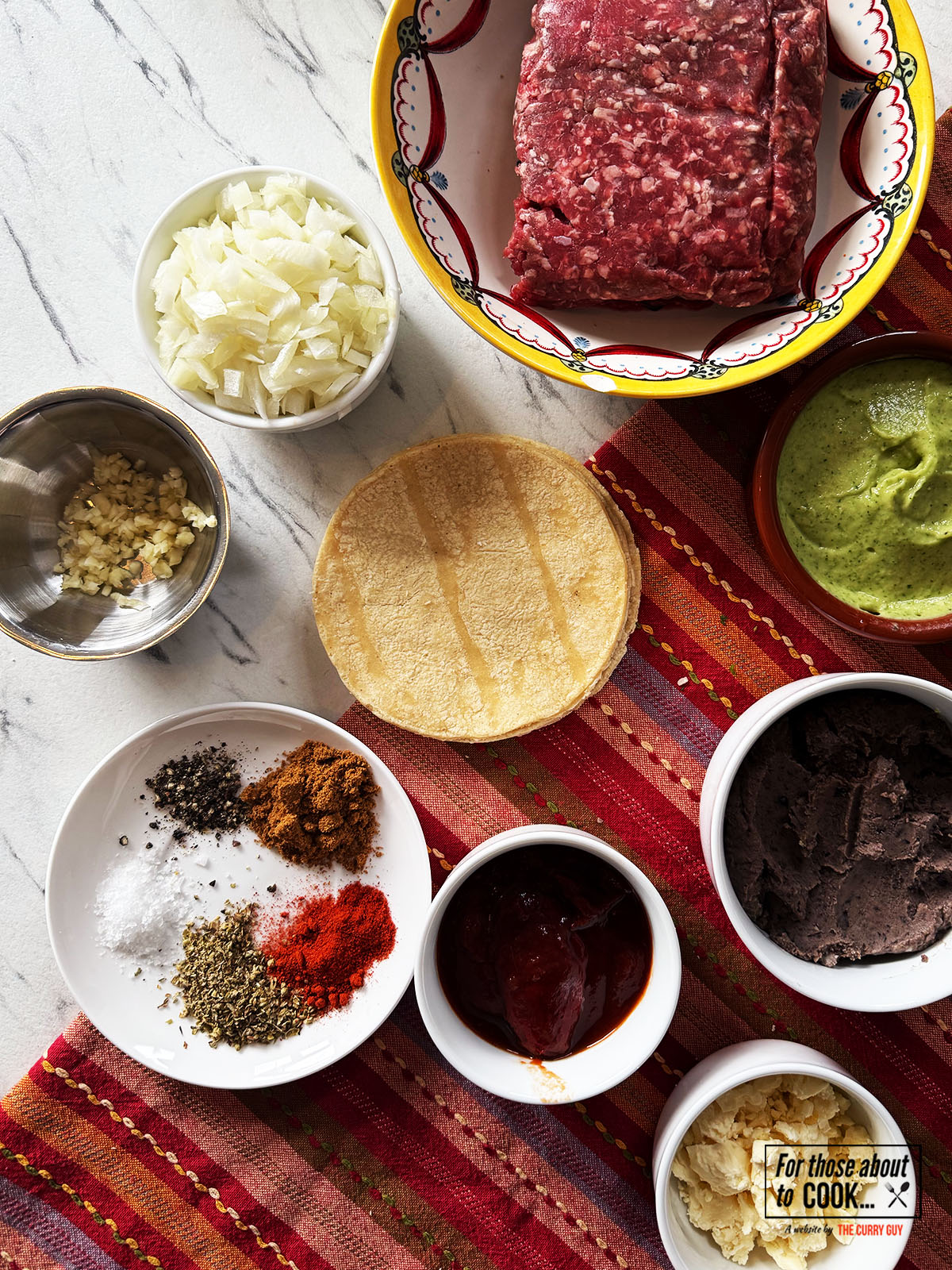 Ingredients for beef tostadas in bowls
