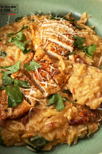 Finished plate of marry me chicken orzo