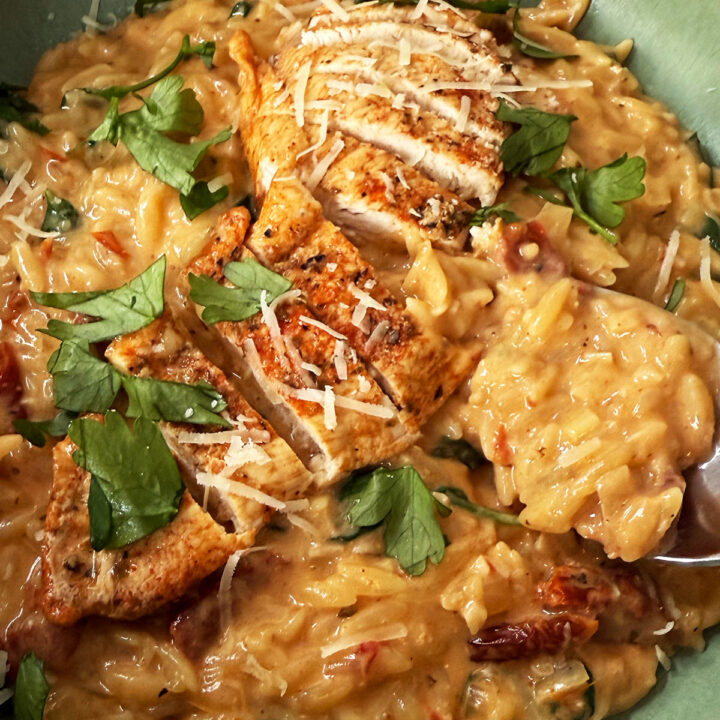 Finished plate of marry me chicken orzo