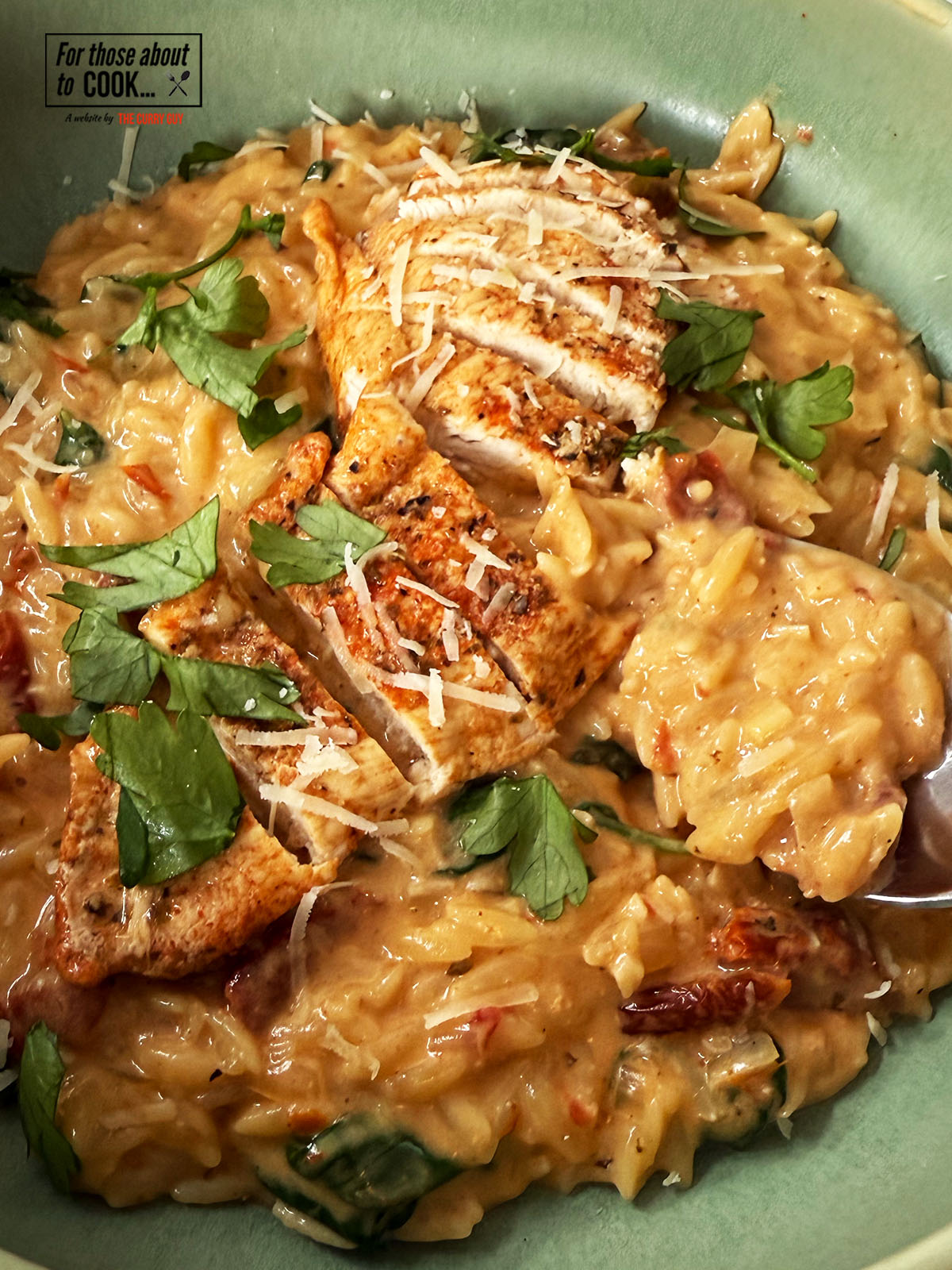 Finished plate of marry me chicken orzo