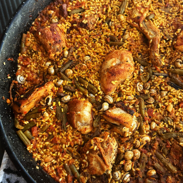Paella Valenciana in a paella pan.