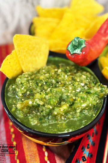 Salsa Verde served in a bowl with tortilla chips