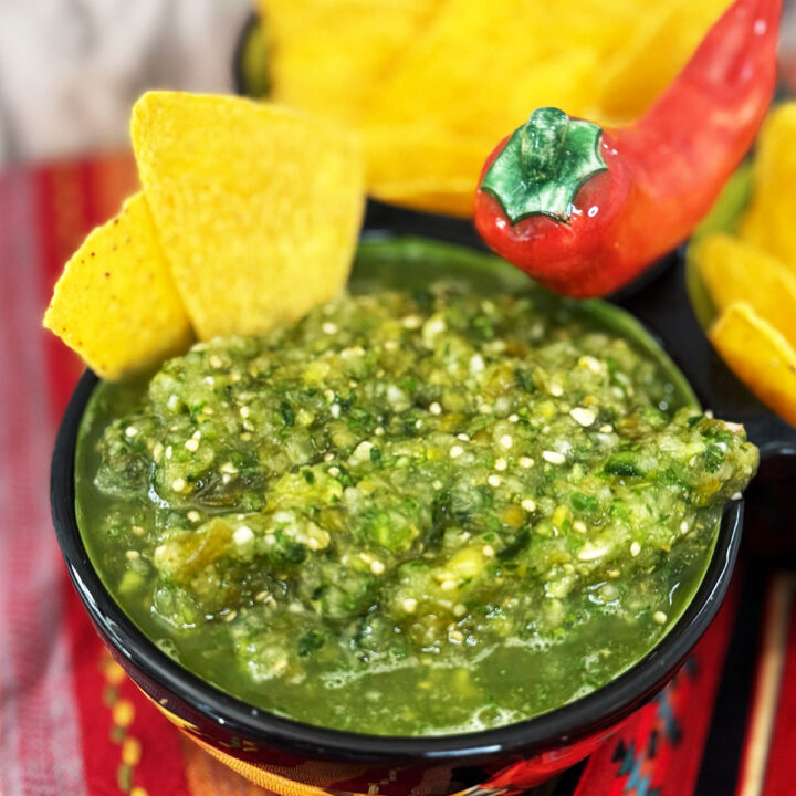 Salsa Verde served in a bowl with tortilla chips