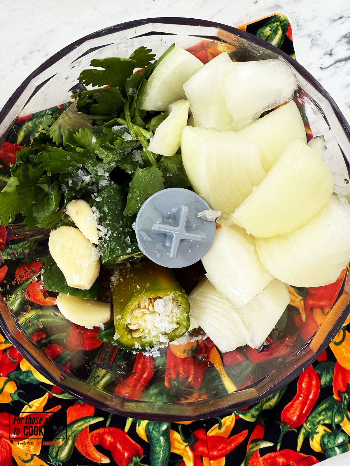 Tomatillo, garlic, onion, jalapenos and coriander in a food processor