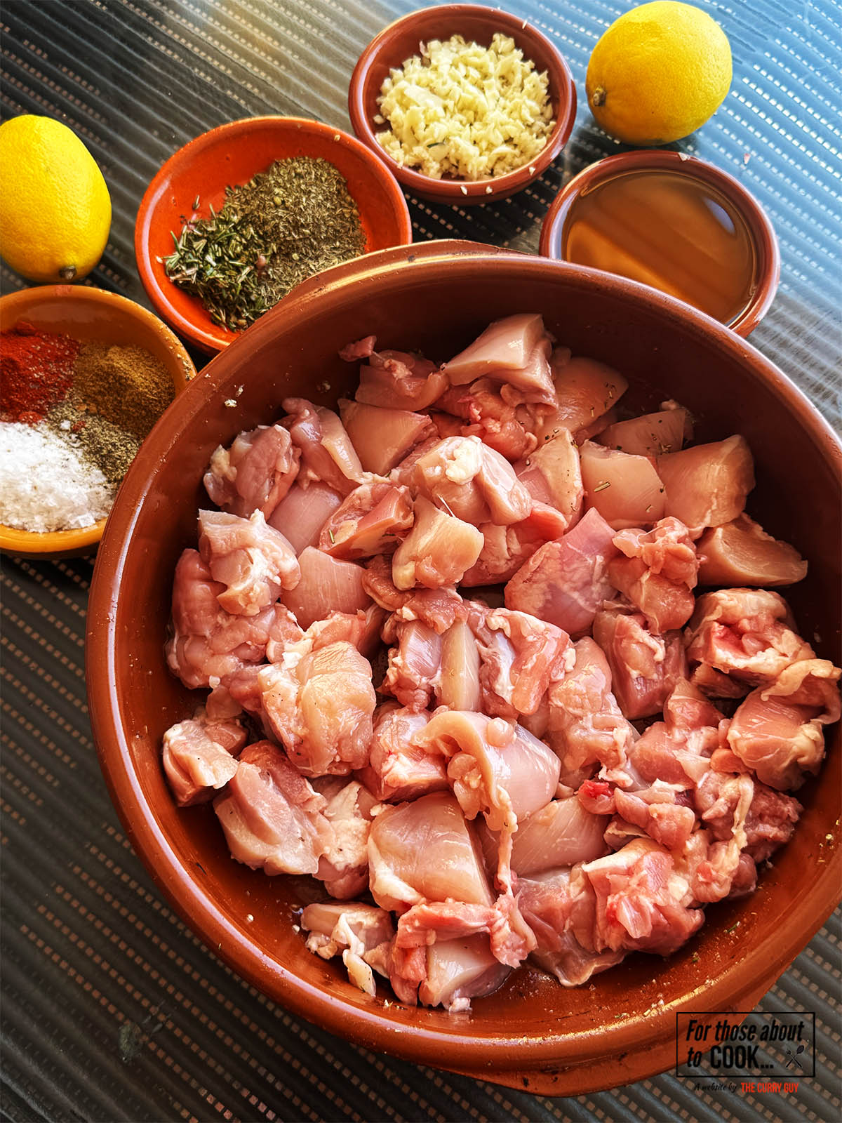 The ingredients for the recipe all laid out on a counter top.