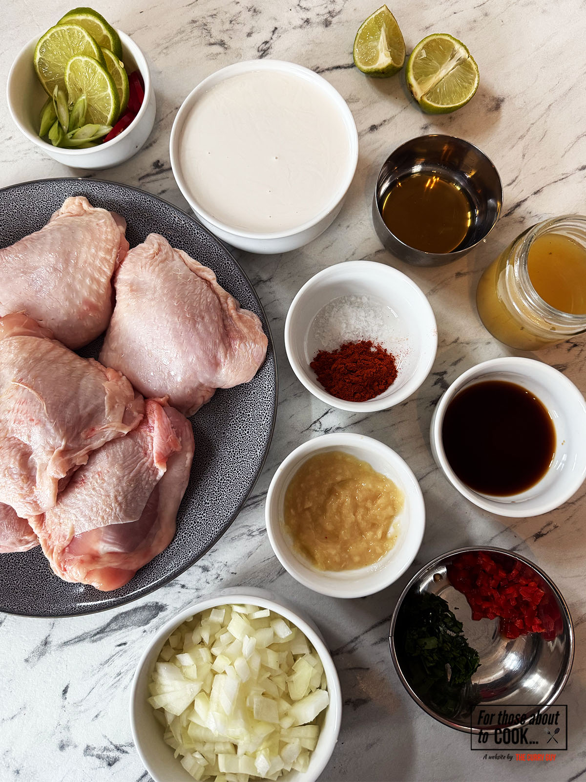 Ingredients for coconut lime chicken separated into bowls