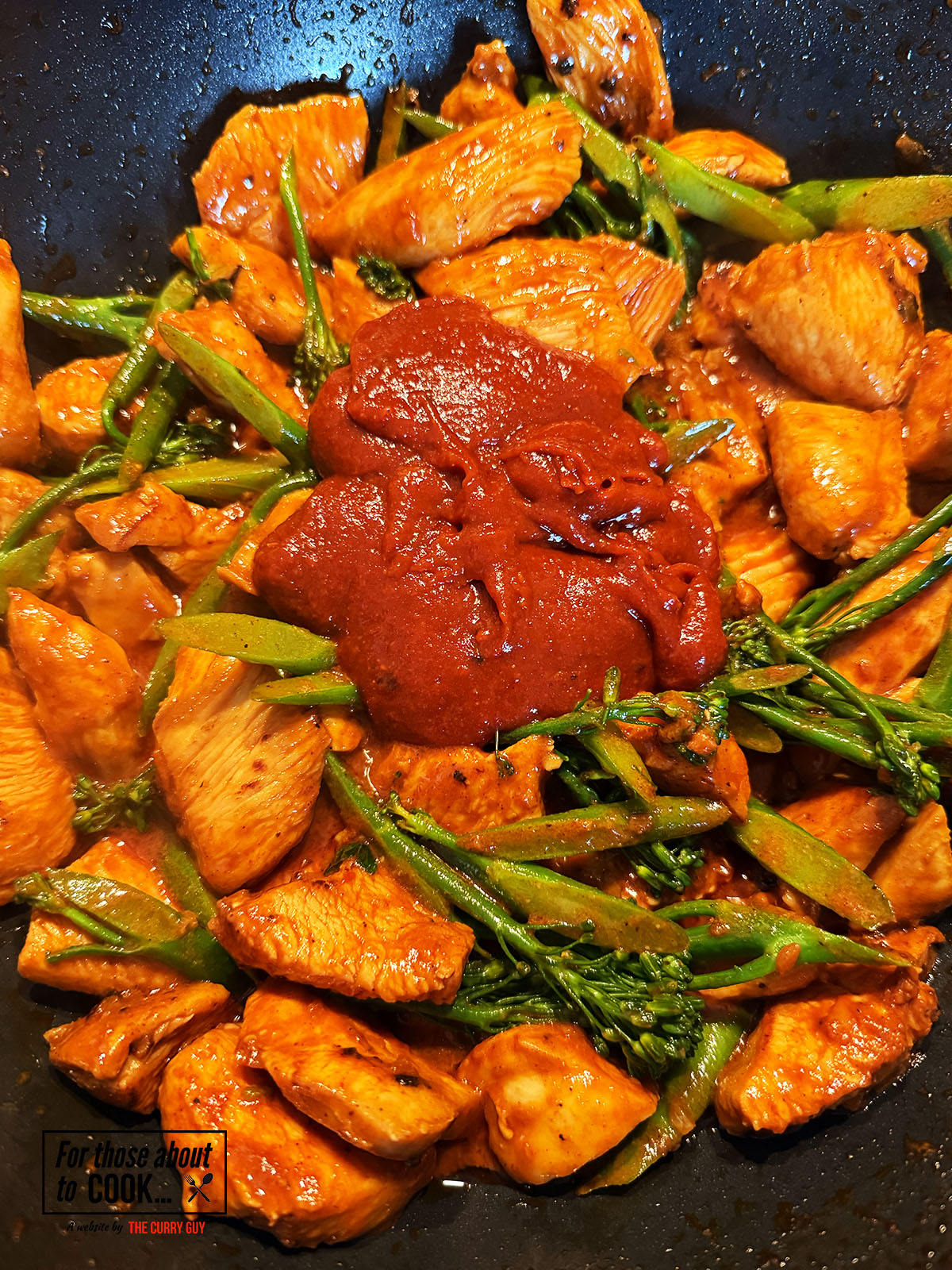 Korean miso marinade added to the pan