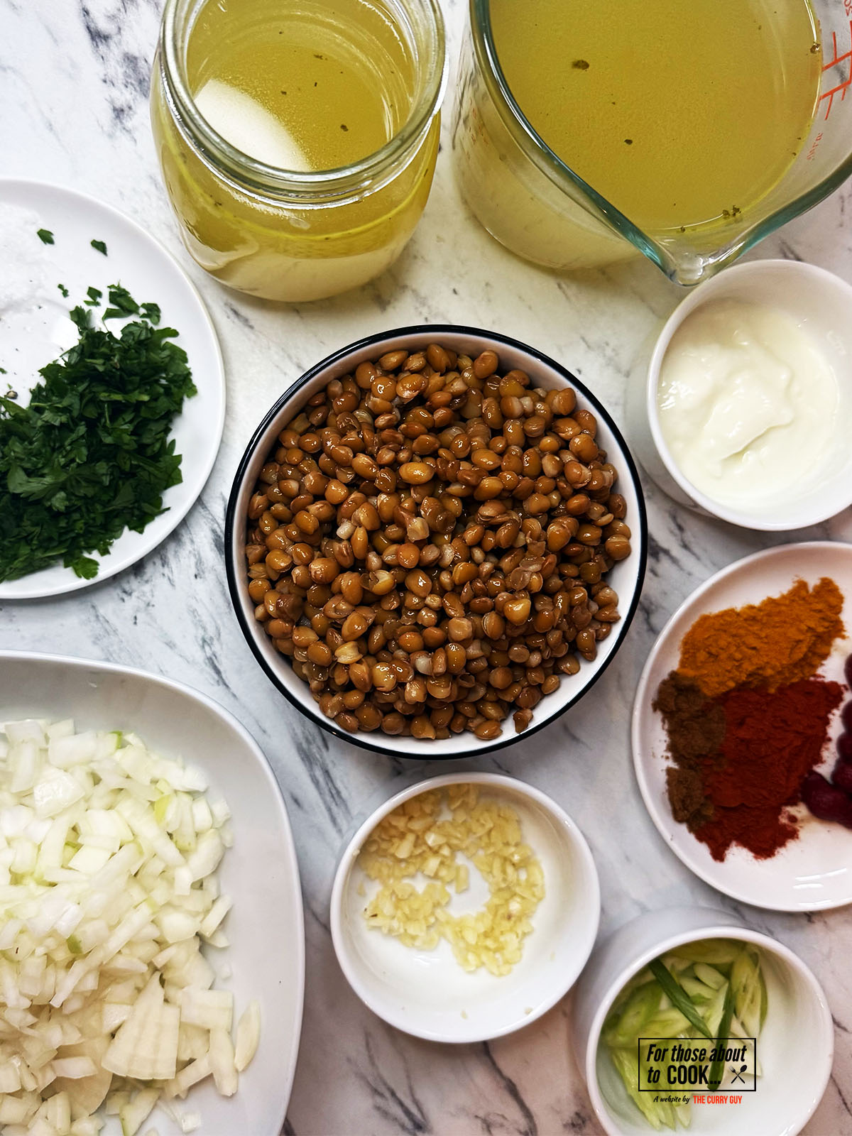 Ingredients for soup set out in a bowl