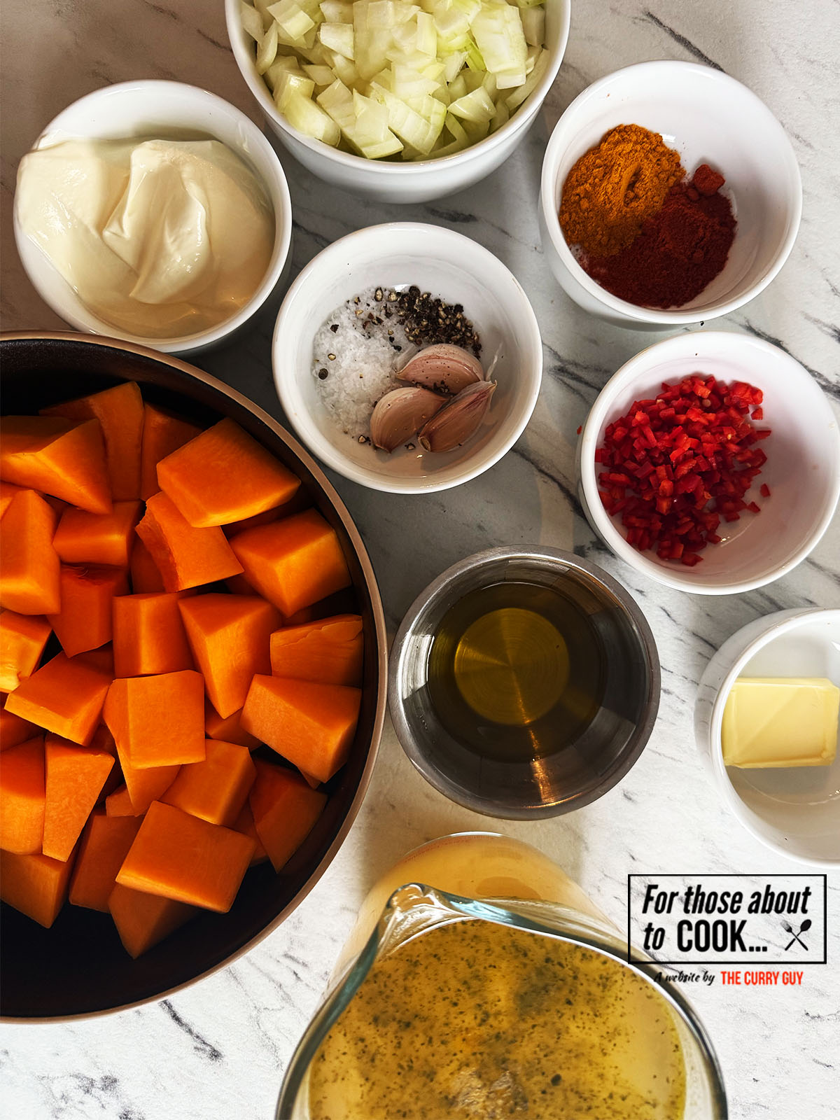 Ingredients for roasted butternut squash soup separated into bowls