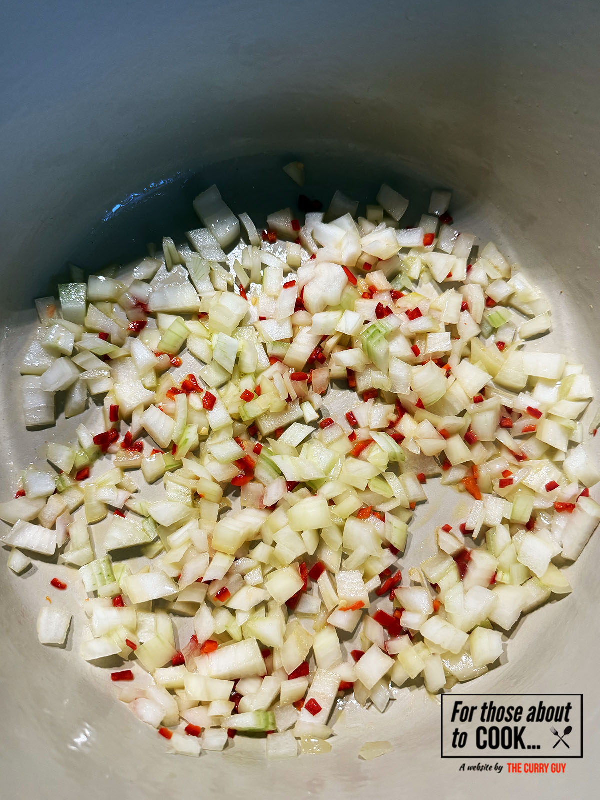 Onions and chilli frying in a large pot