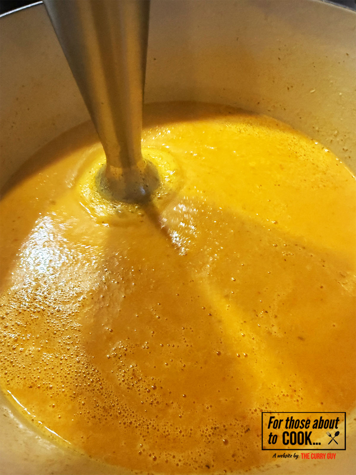 Roasted butternut squash soup blended with a stick blender