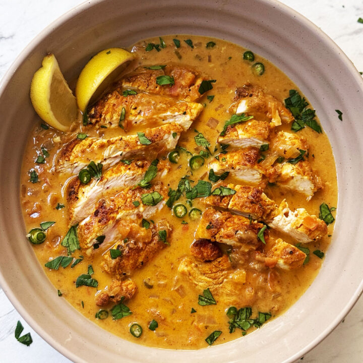 coconut chicken served up in a bowl