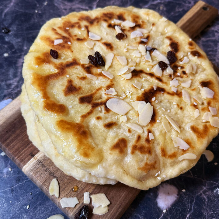 Peshwari naan with flaked almonds and sultanas