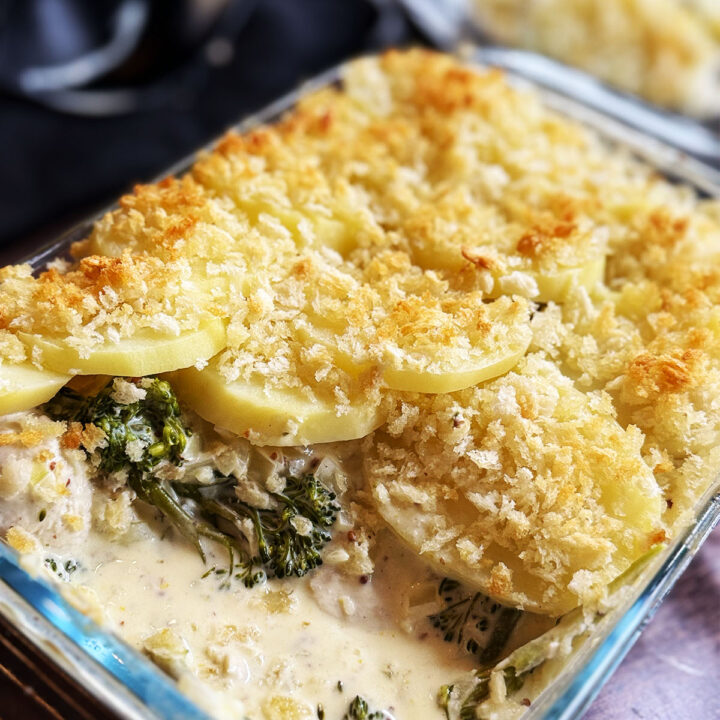 Chicken potato bake served from the baking dish