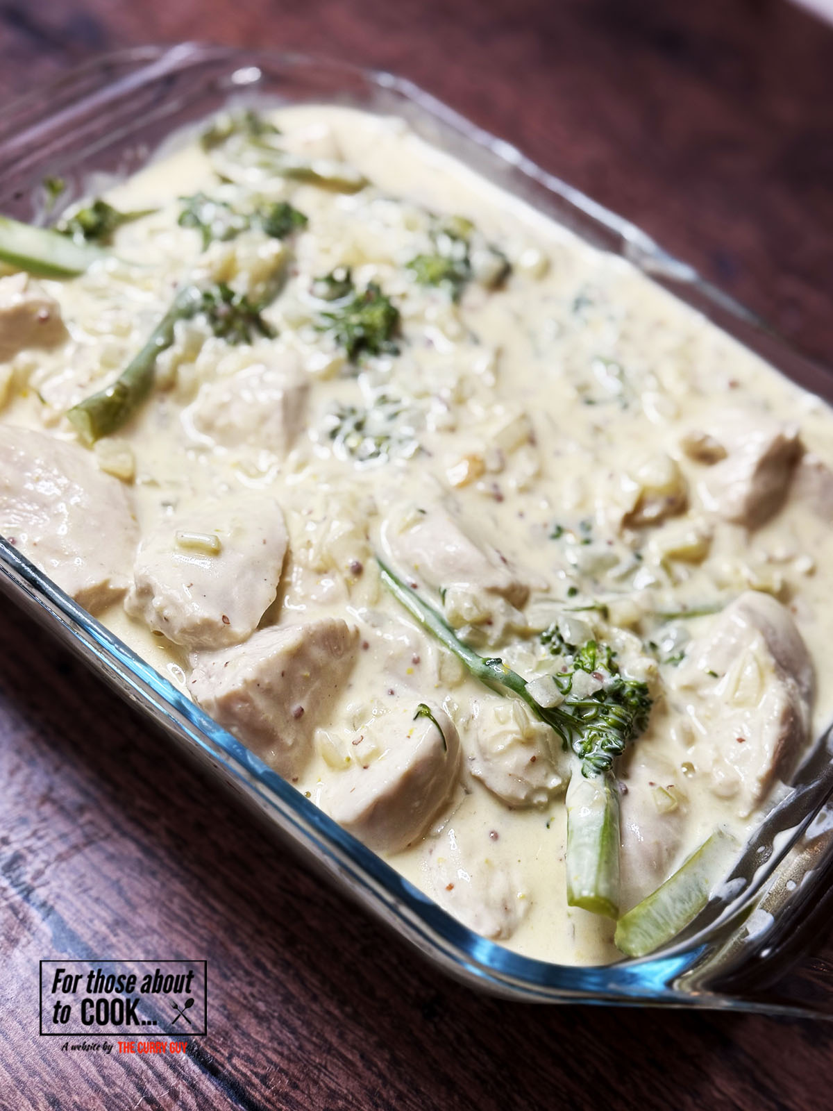 Creamy chicken broccoli bake added to baking tray