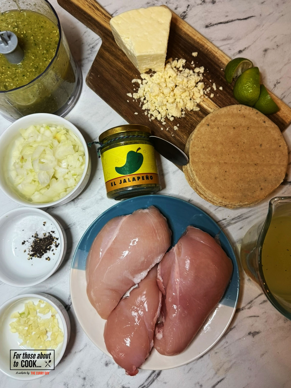 Ingredients for salsa verde tacos separated into bowls