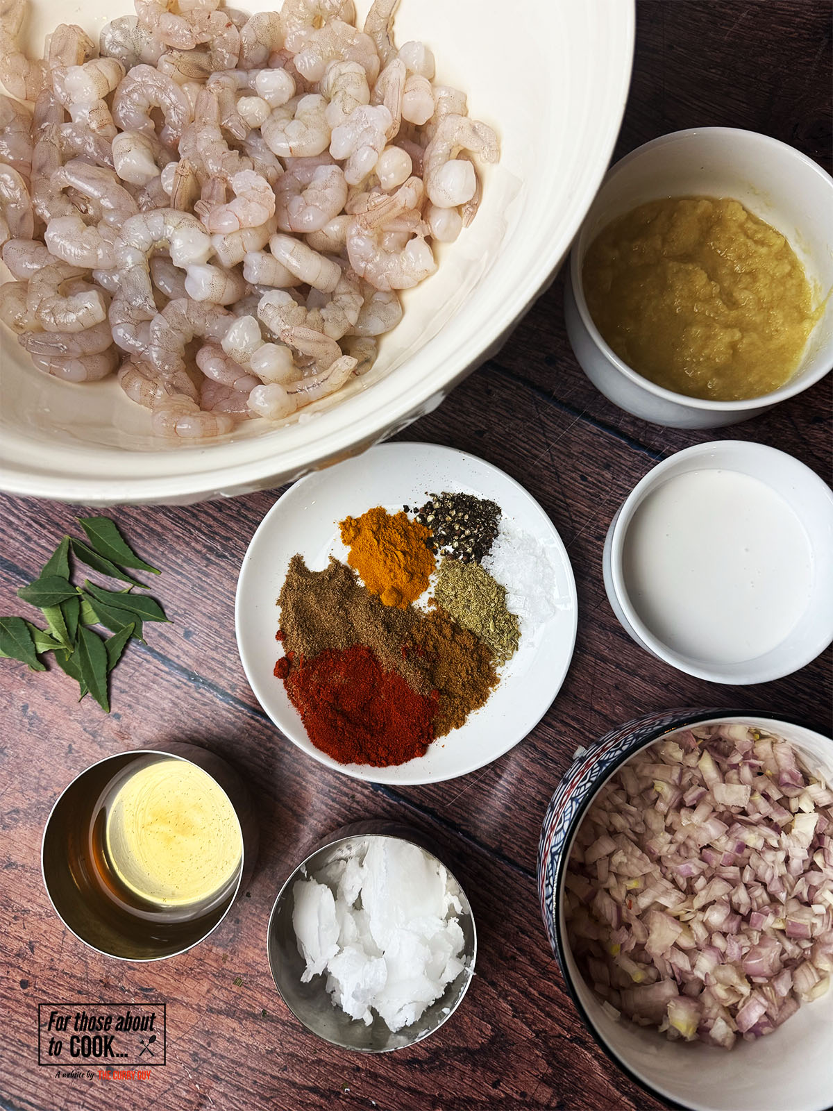 Kerala style prawn fry ingredients separated into bowls