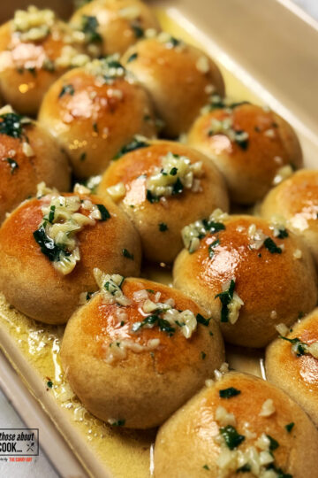 Garlic dough balls served in a baking dish