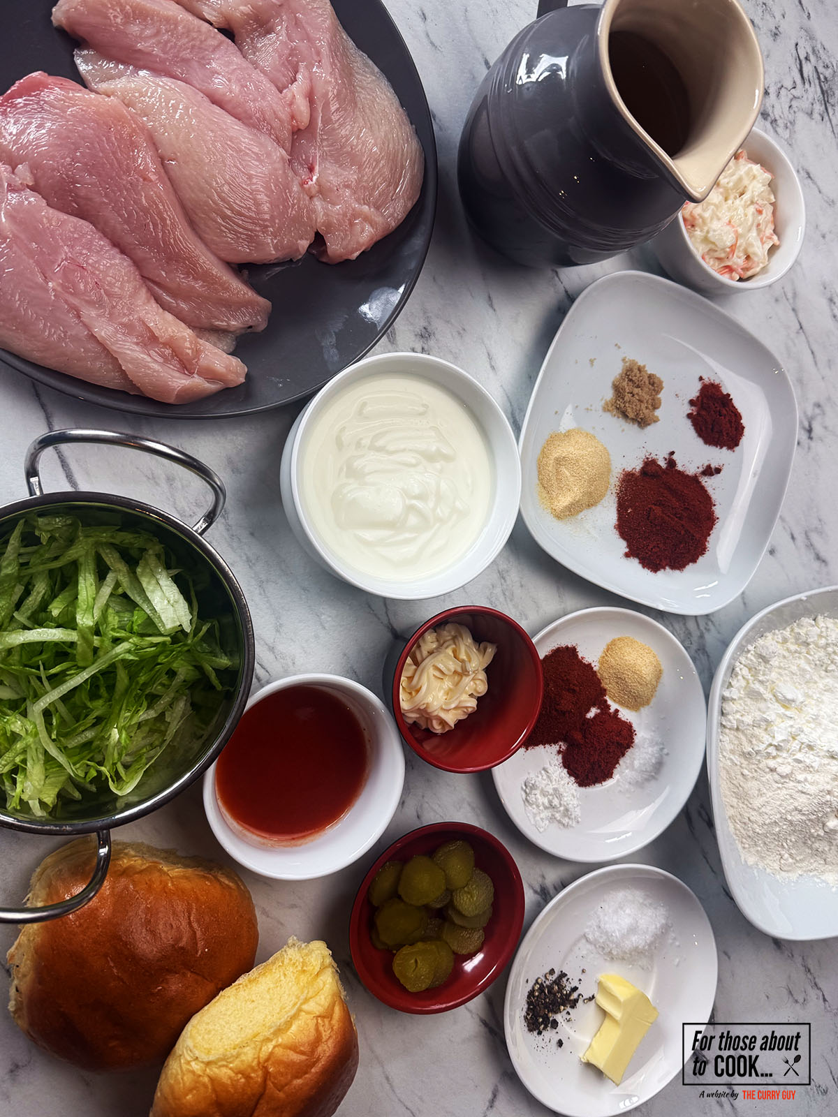 Ingredients for Nashville hot chicken separated into bowls