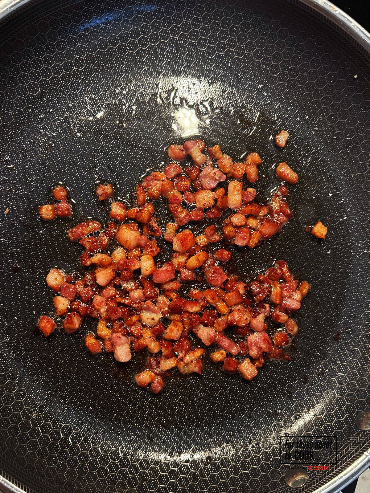 Pancetta crisping in a frying pan