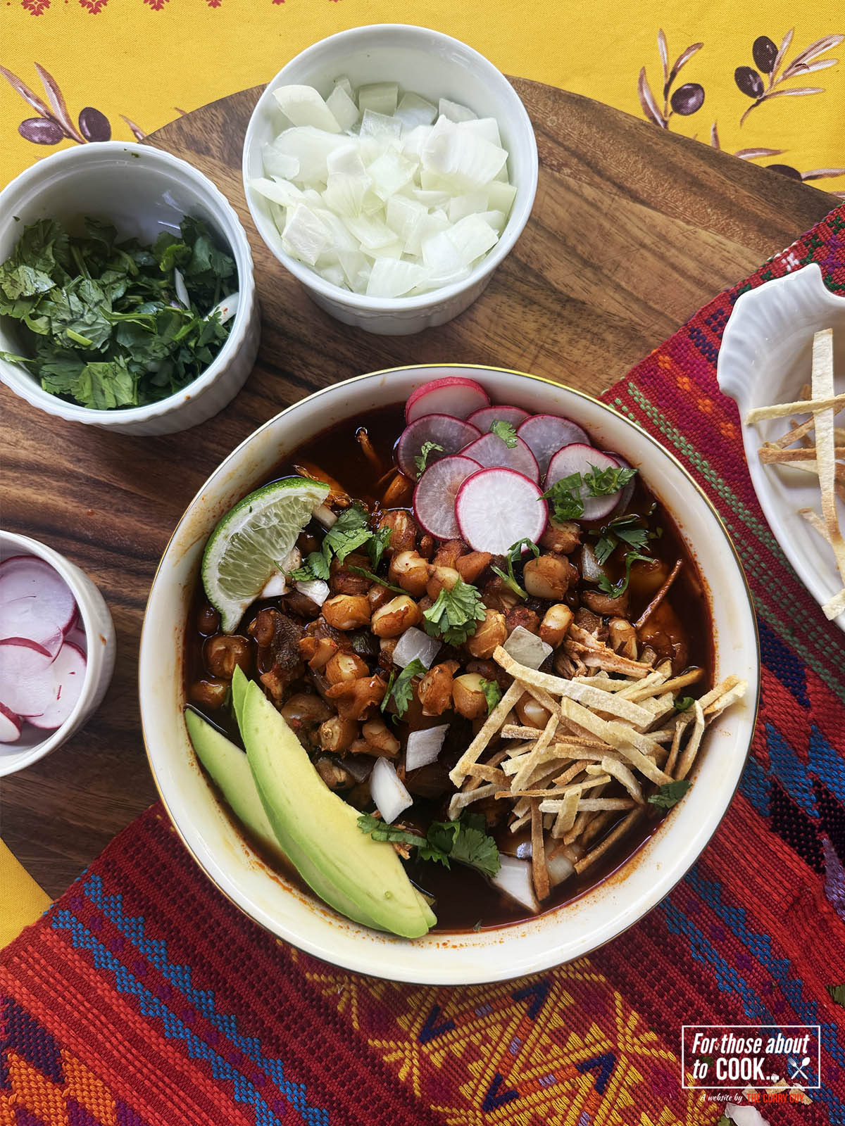 Pozole rojo all served up in a bowl