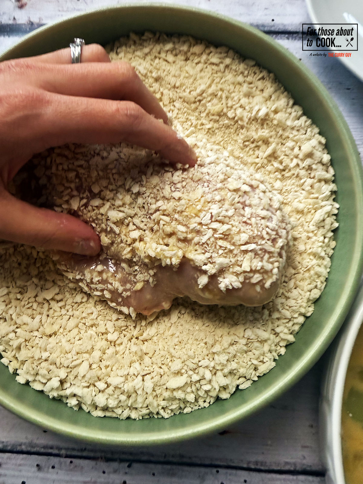 Chicken coated in flour, eggs and panko breadcrumbs