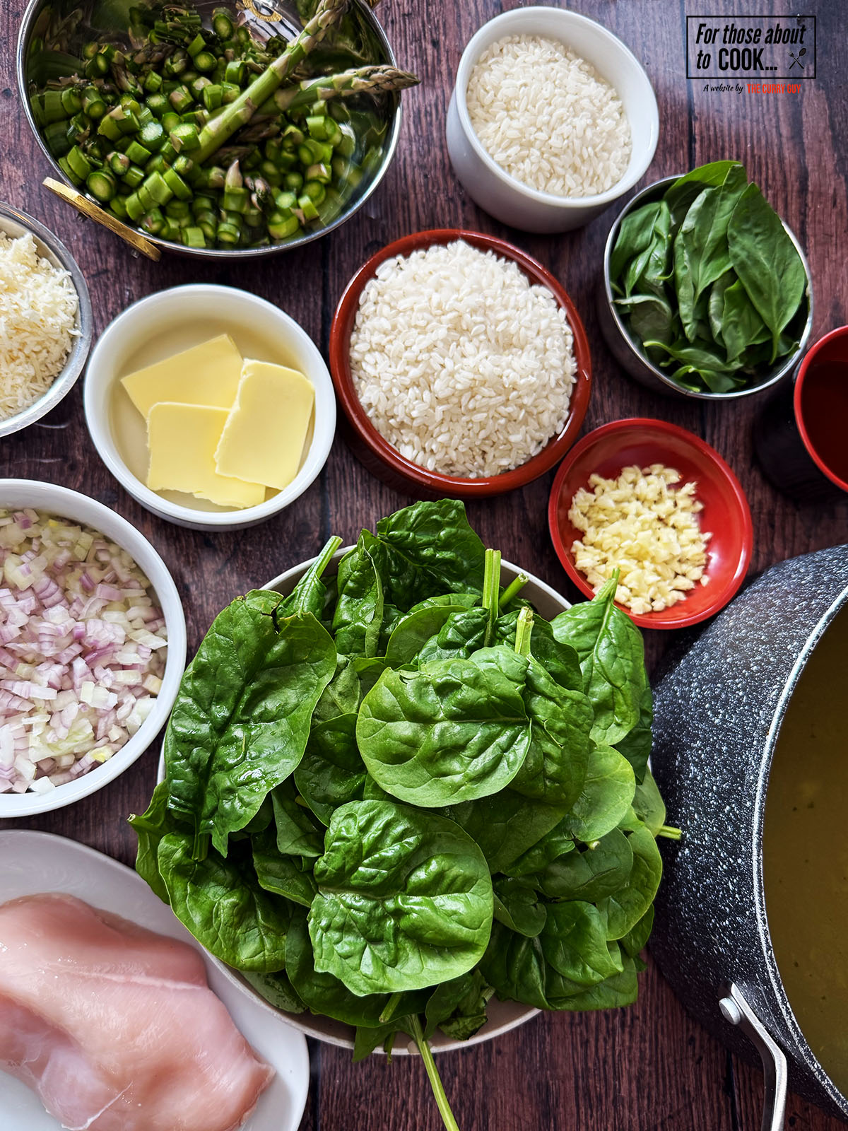 Ingredients for risotto verde separated into bowls